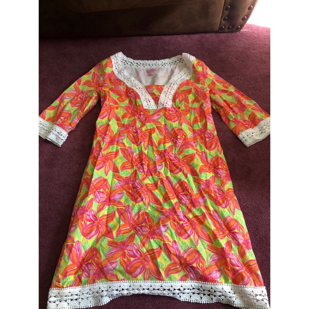 Lilly Pulitzer Floral Shift Dress Orange Pink Green White Crochet Lace Trim Sz 8